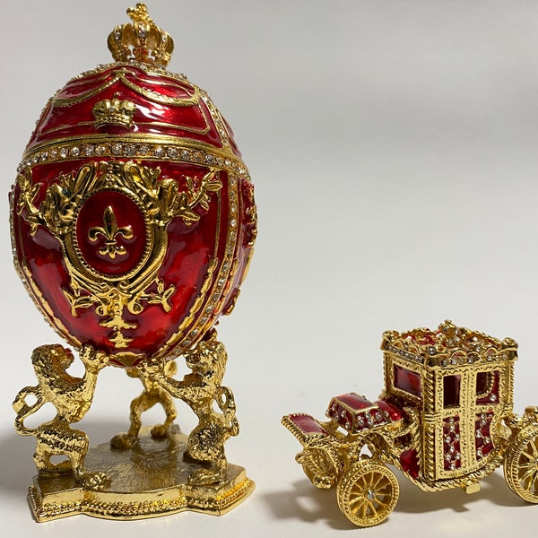 Large Faberge Egg Jewelry Box with Carriage Trinket Box Enamel with Swarovski Crystals 7 inch (18 cm)
