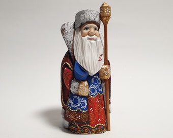 Wooden Santa Claus Figurine, Hand Carved Santa Figure, Santa Doll Father Frost, Woodcarving Art 6 inch (15 cm)