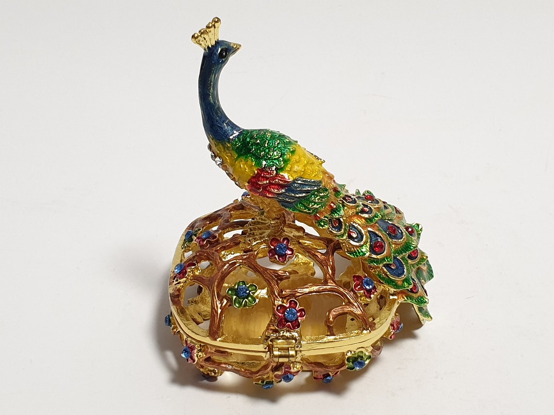 New Peacock Trinket Jewelry Box Animal Figurine Faberge Russian Vintage Decoration Metal Crafts Tabletop
