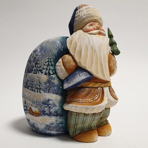 Wooden Santa Claus Figurine with Big Bag, Hand Carved Santa Figure, Ukrainian Santa Doll Father Frost, Woodcarving Art 5.6 inch (14 cm)