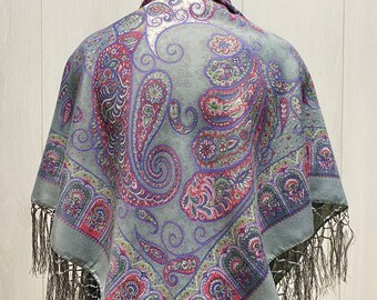 Ukrainian Scarf with Fringe, Babushka Piano Shawl, Slavic Square Head Scarf, Folk Floral Fabric