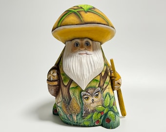 Houten paddestoelbeeldje, handgesneden paddestoeldecor, handgeschilderd paddestoelcadeau 23 cm