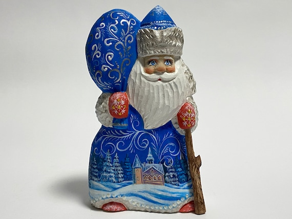 青いサンタクロースの陶器フィギュア ウクライナのサンタクロース置物、手彫りの木製サンタ像、木彫りアート
