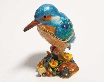 Kingfisher Jewelry Box Enamel Bird Trinket Box with Swarovski Crystals 2.8 inch (7 cm)