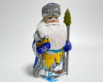 Hand Carved Wooden Santa Claus Figurine, Wood Carving Art, Ukrainian Christmas Decor 6 inch (15 cm)
