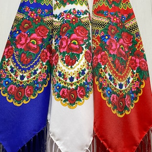 Ukrainian Scarf with Fringe, Babushka Piano Shawl, Slavic Square Head Scarf, Folk Floral Fabric