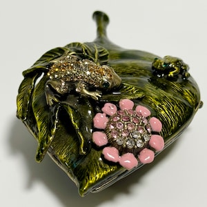 Jewelry Box Frog on a Leaf Enamel Metal Trinket Box with Swarovski Crystals