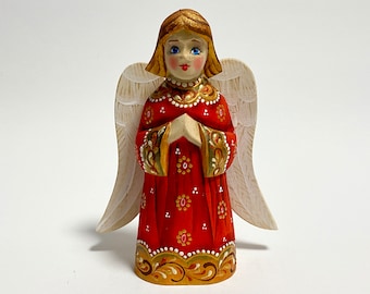 Hand Carved Wooden Angel Figurine, Wood Carving Sculpture, Ukrainian Christmas Decor 6.2 inch (15.5 cm)