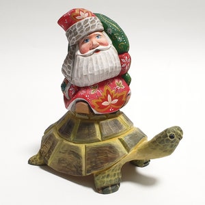 Hand Carved Wooden Turtle Figurine with Santa Claus, Father Frost Santa Figure, St Nicholas Christmas Decorations 6.4 inch (16 cm)