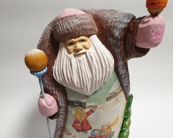 Large Santa with Lantern, Hand Carved Wooden Santa Claus Figurine, Wood Carving Statue 12.4 inch (31 cm)