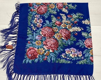 Ukrainian Scarf with Fringe, Babushka Piano Boho Shawl, Slavic Square Head Scarf, Folk Floral Fabric