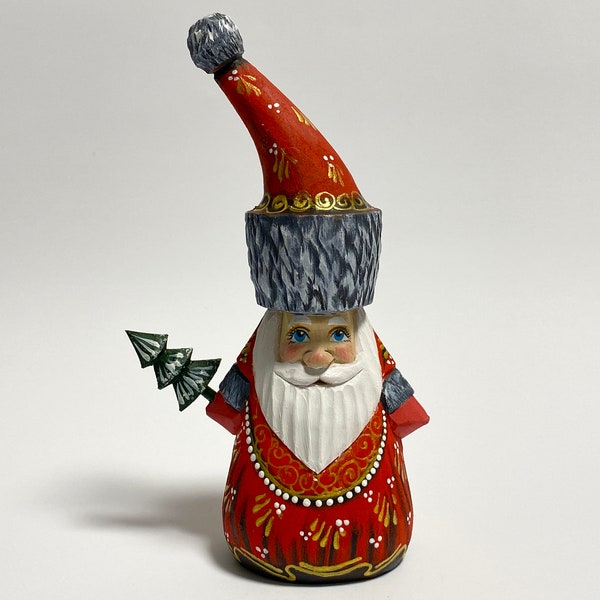 Hand Carved Santa Claus Figurine Wooden Saint Nicholas Figure Folk Art Santa Doll Wood Carving 7.6 inch (19 cm)