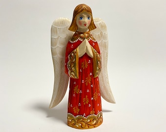 Hand Carved Wooden Angel Figurine, Wood Carving Sculpture, Ukrainian Christmas Decor 8.2 inch (20.5 cm)