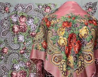 Ukrainian Scarf with Fringe, Babushka Piano Shawl, Slavic Square Head Scarf, Folk Floral Fabric