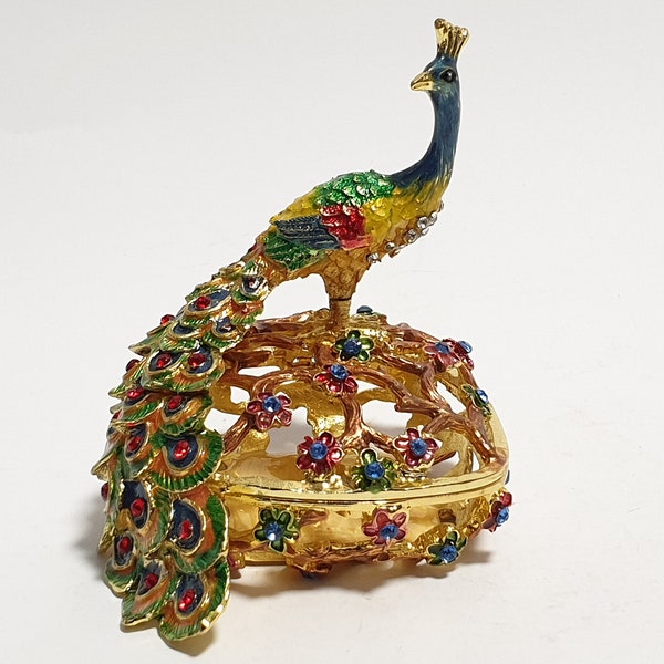 Peacock Jewelry Box Bird Trinket Box Enamel Faberge Style with Swarovski Crystals 3.2 inch (8 cm)