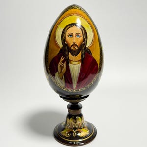 Ukrainian Wooden Easter Egg on Stand, Hand Painted Orthodox Icon, Religious Gift 10 inch (25 cm)