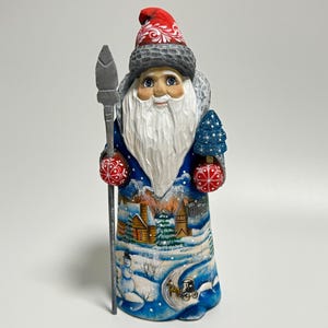 Hand Carved Wooden Santa Claus Figurine, Wood Carving Father Frost, Ukrainian Christmas Decor 9.2 inch (23 cm)