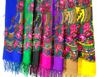 Bufanda ucraniana tipo chal Babushka con borlas, tela floral Platok, 120 x 120 cm (48 x 48 pulgadas)