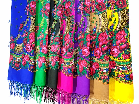 wool fringe folk festival floral scarf Russian babushka folk Traditional square scarf cottagecore clothing Vintage boho shawl wrap