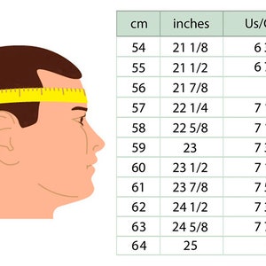 May include: A chart showing head circumference measurements in centimeters and inches, along with corresponding US/Canada hat sizes. The chart includes measurements from 54 cm to 64 cm, with corresponding inch measurements and hat sizes.