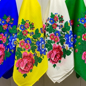 Ukrainian Kokum Scarf, Babushka Shawl, Slavic Square Head Scarf, Folk Floral Fabric