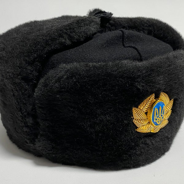 Ukrainian Ushanka Trapper Hat, Winter Ear Flap Hat, Faux Fur Hat, Ukraine Trident Cockade Pin