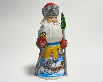 Hand Carved Wooden Santa Claus Figurine, Wood Carving Art, Ukrainian Christmas Decor 6 inch (15 cm)