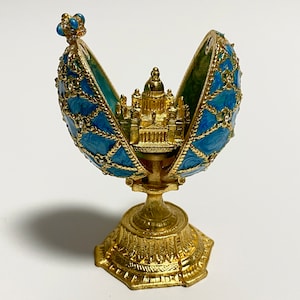 Faberge Egg with Church Model Swarovski Crystals St Petersburg Treasure Enamel Egg 4 inch (10 cm)