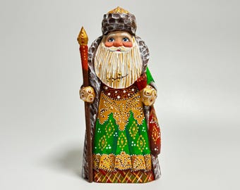 Hand Carved Wooden Santa Claus Figurine, Wood Carving Father Frost, Ukrainian Christmas Decor 7 inch (18 cm)