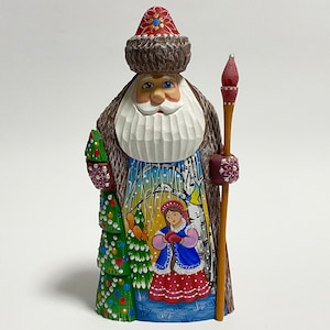 Hand Carved Wooden Santa Claus Figurine, Wood Carving Father Frost, Ukrainian Christmas Decor 7.6 inch (19 cm)