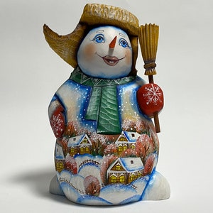 Ukrainian Snowman Figurine, Hand Carved Wooden Snowmen Figure, Wood Carving Sculpture, Christmas Decorations 8.4 inch (21 cm)