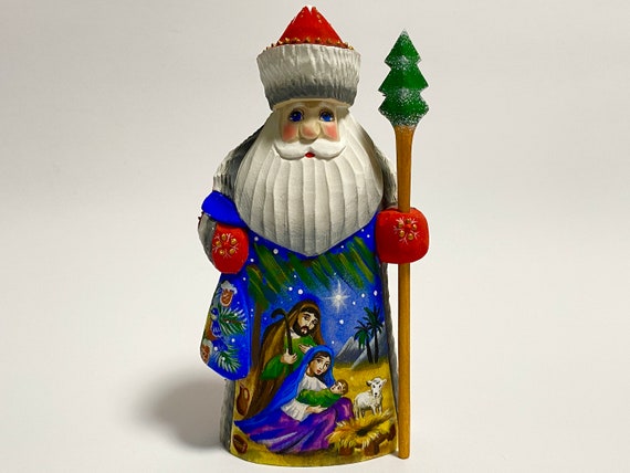 Hand Carved Wooden Santa Claus Figurine Nativity Scene 7.4 inch 