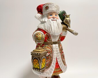 Hand Carved Wooden Santa Claus Figurine, Wood Carving Father Frost, Ukrainian Christmas Decor 12.4 inch (31 cm)