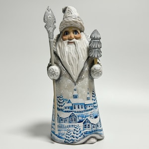 Hand Carved Wooden Santa Claus Figurine, Wood Carving Father Frost, Ukrainian Christmas Decor 9.2 inch (23 cm)