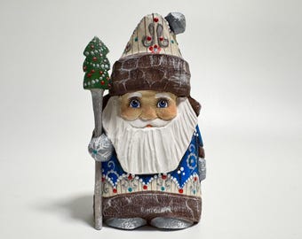 Hand Carved Wooden Santa Claus Figurine, Wood Carving Father Frost, Ukrainian Christmas Decor 4.8 inch (12 cm)