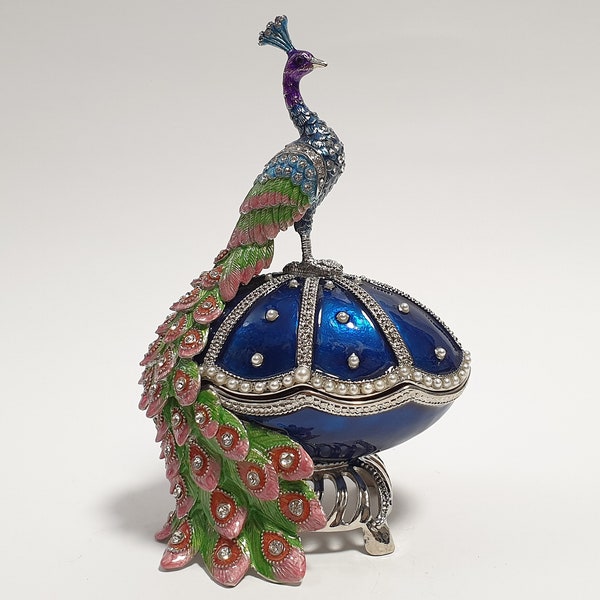 Faberge Egg Jewelry Box Bird Trinket Box Peacock Figurine Enamel Metal Box with Swarovski Crystals