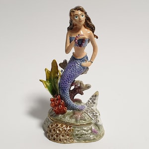 Mermaid Trinket Box Enamel Jewerly Box with Swarovski Crystals Mermaid Figurine 4.2 inch (10.5 cm)