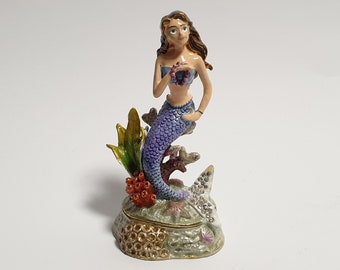 Mermaid Trinket Box Jewerly Box Enamel Faberge Style with Swarovski Crystals Mermaid Figurine 4.2 inch (10.5 cm)