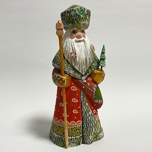Hand Carved Wooden Santa Claus Figurine, Wood Carving Sculpture, Ukrainian Christmas Decor 9.2 inch (23 cm)