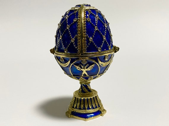 Sculpture œuf Décorative Avec Les 99 Noms D'Allah Et Cristaux Bleus - Résine Brillante Bleu Et Doré, 19.1 X 7.6 Cm, Idéal Cadeau Musulman