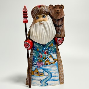 Hand Carved Wooden Santa Claus Figurine, Wood Carving Father Frost, Ukrainian Christmas Decor 7.6 inch (19 cm)