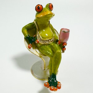 Animal Jewelry Box, Frog Figurine, Enamel Metal Trinket Box with Swarovski Crystals 3.4 inch (8.5 cm)