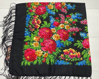 Ukrainian Scarf with Fringe, Babushka Piano Boho Shawl, Slavic Square Head Scarf, Folk Floral Fabric