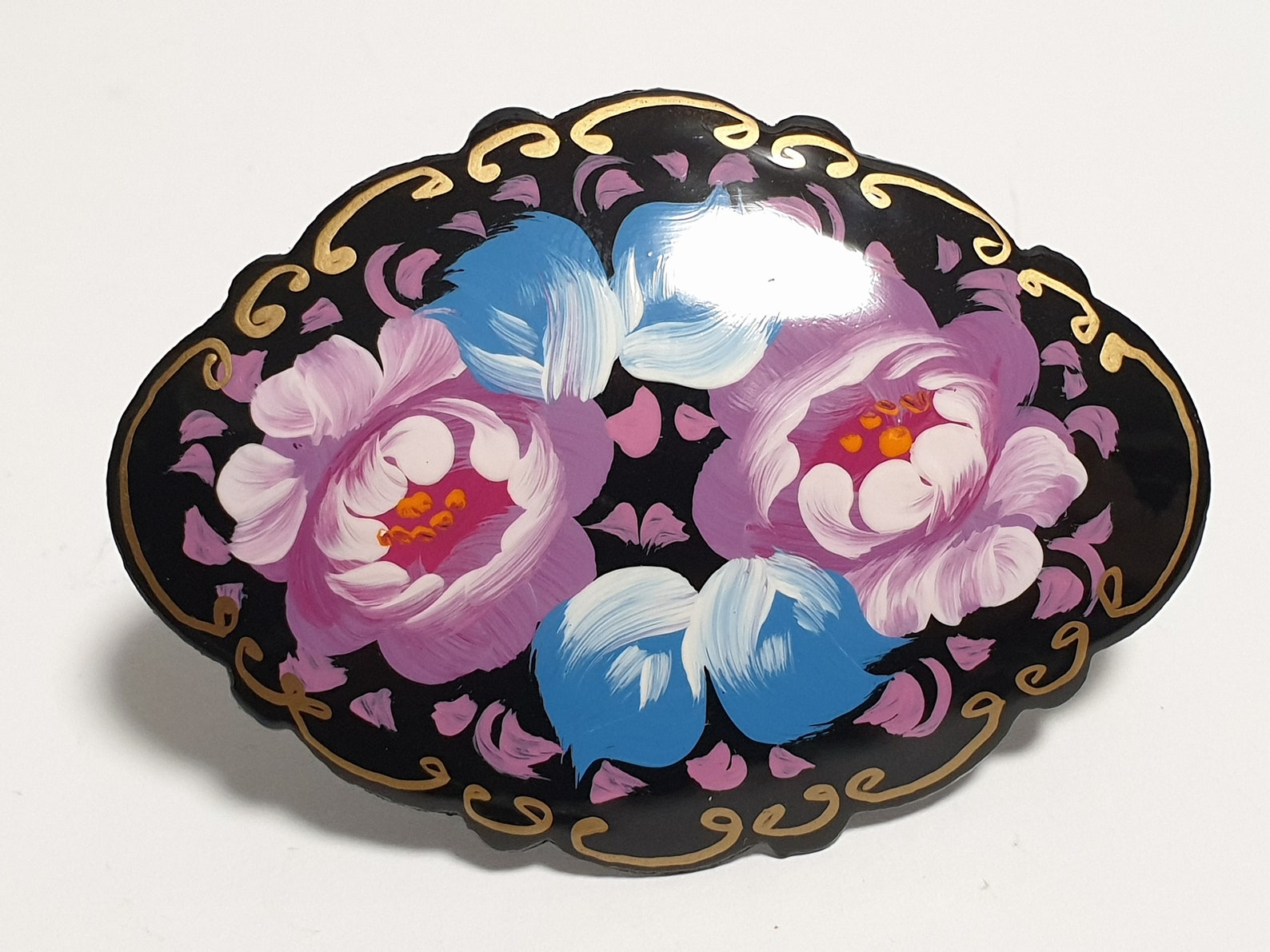 Russian Hand Painted Brooch Hand Lacquered Wooden Brooch Etsy