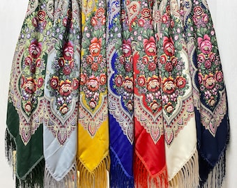 Ukrainian Scarf with Fringe, Babushka Piano Shawl, Slavic Square Head Scarf, Folk Floral Fabric