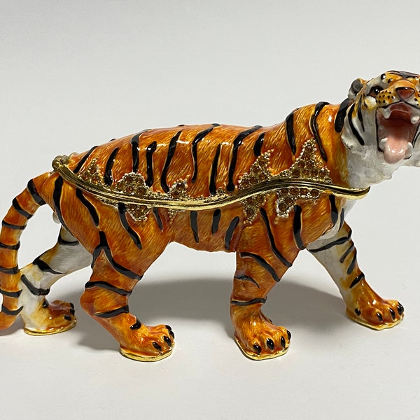 Animal Jewelry Box Tiger Figure Enamel Metal Trinket Box with Swarovski Crystals 2.8 inch (7 cm)