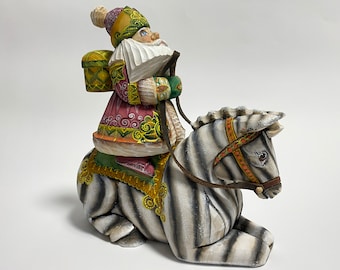 Ukrainian Santa Claus Figurine on Zebra, Hand Carved Wooden Santa Figure, Wood Carving Sculpture 9.6 inch (24 cm)
