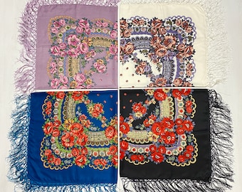 Ukrainian Scarf with Fringe, Babushka Piano Shawl, Slavic Square Head Scarf, Folk Floral Fabric