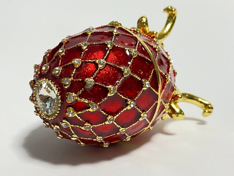 Red Decorative Faberge Egg Jewelry Box, Enamel Metal Trinket Box with Swarovski Crystals 4 inch 10 cm image 3