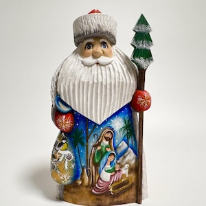 Hand Carved Wooden Santa Claus Figurine, Wood Carving Father Frost, Ukrainian Christmas Decor 7.6 inch (19 cm)